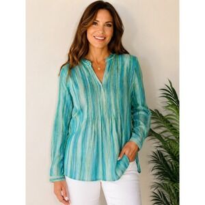 Liz & Co Women's Large Blue Green Striped Pleated Front 100% Cotton Tunic Top